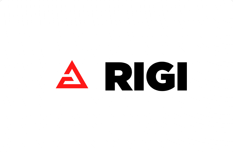 Logo of Rigi Pte Ltd which is a red colour with an abstract mountain like logo on a white background