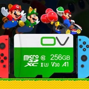 A marketing image featuring the OV Micro SD card with Nintendo Switch and the Mario game